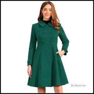 Wool Blend Pea Coat, Long A-Line Swing, Double Breasted, Lined